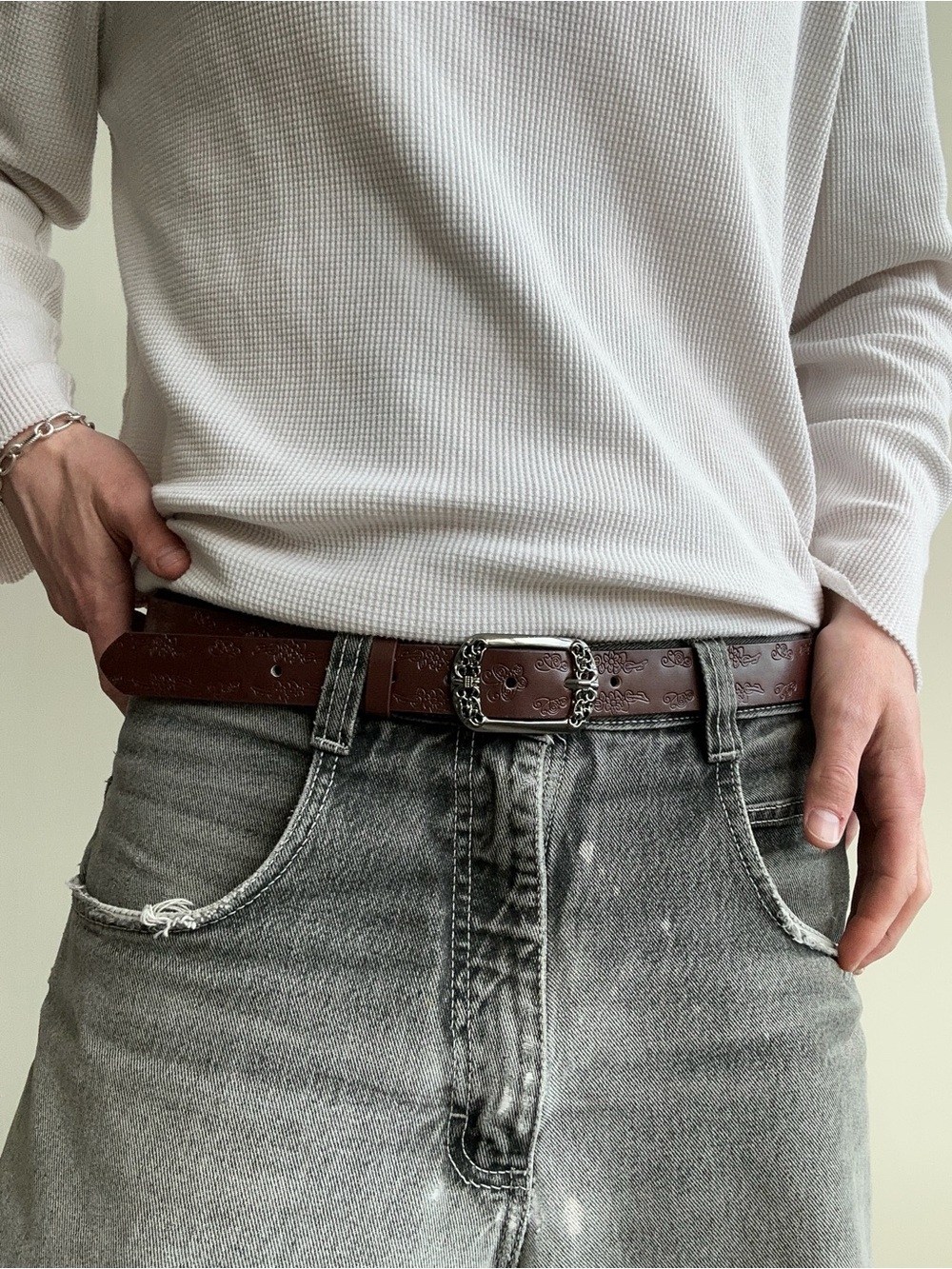 y2k style brown american western floral design belt